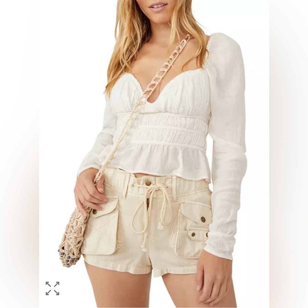 Free People Chloe Smocked Tie Back Top Cotton Summer Blouse Puff Sleeves